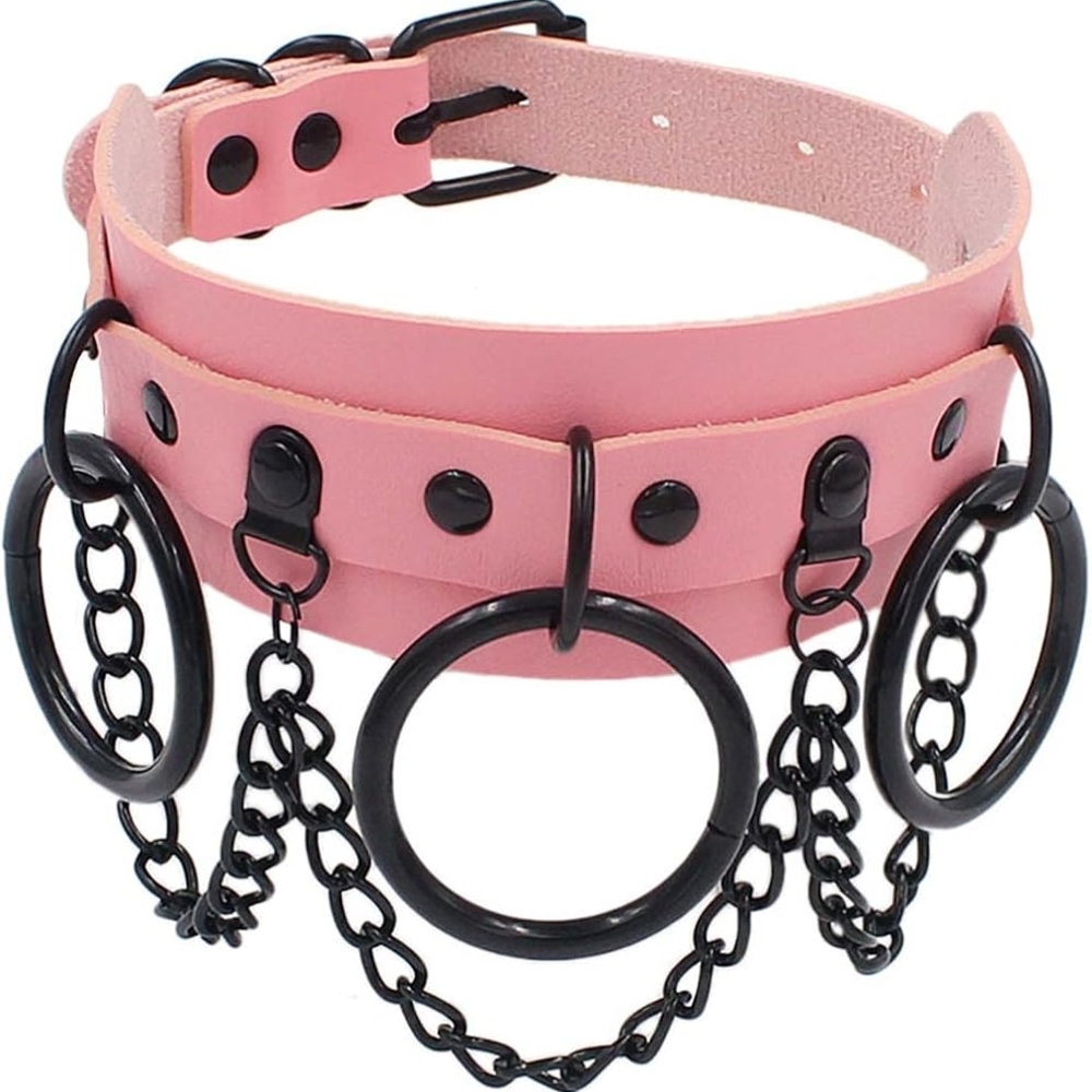 Pink Leather Choker with Black Chains
